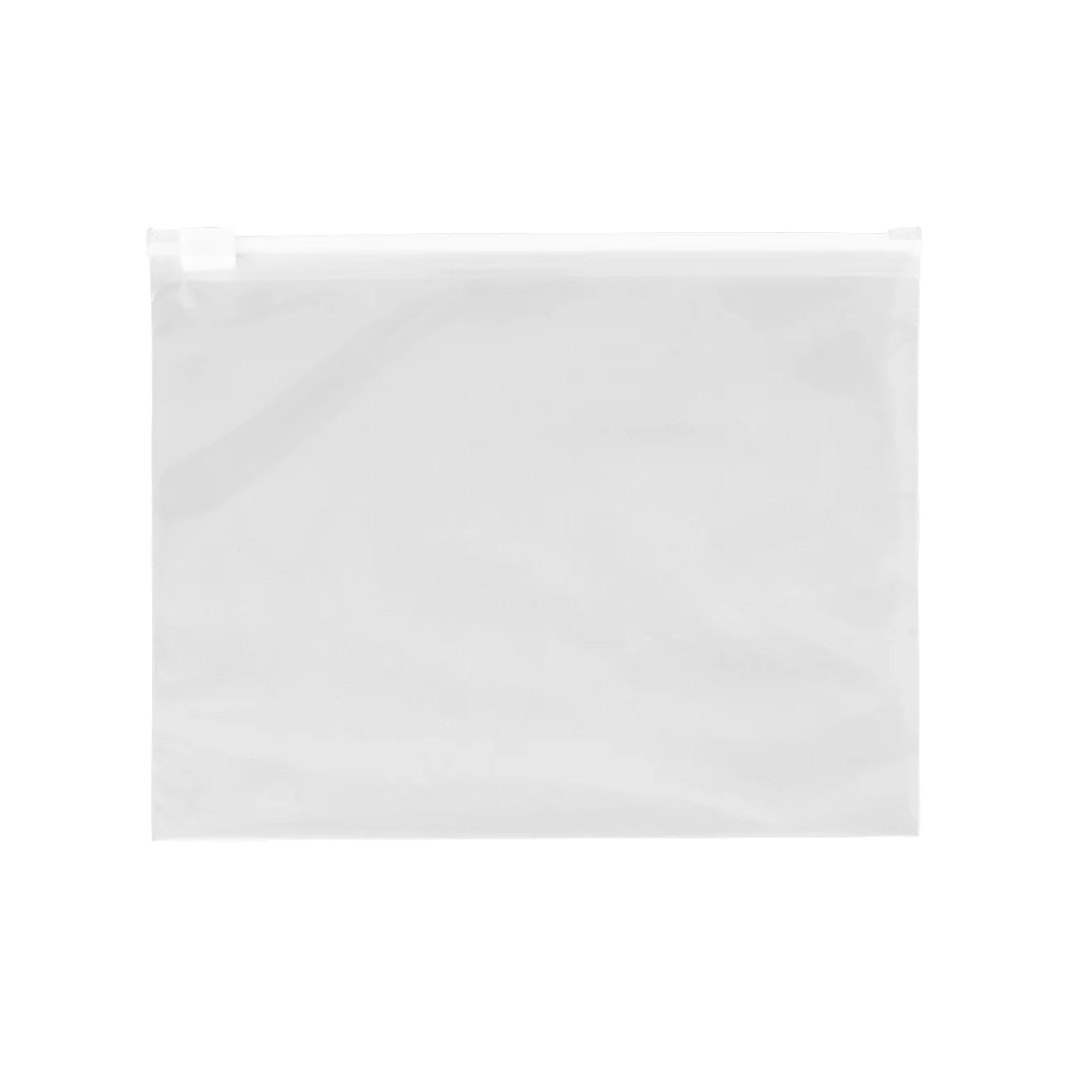 Transparent plastic bag with zipper. The bag is empty and white.