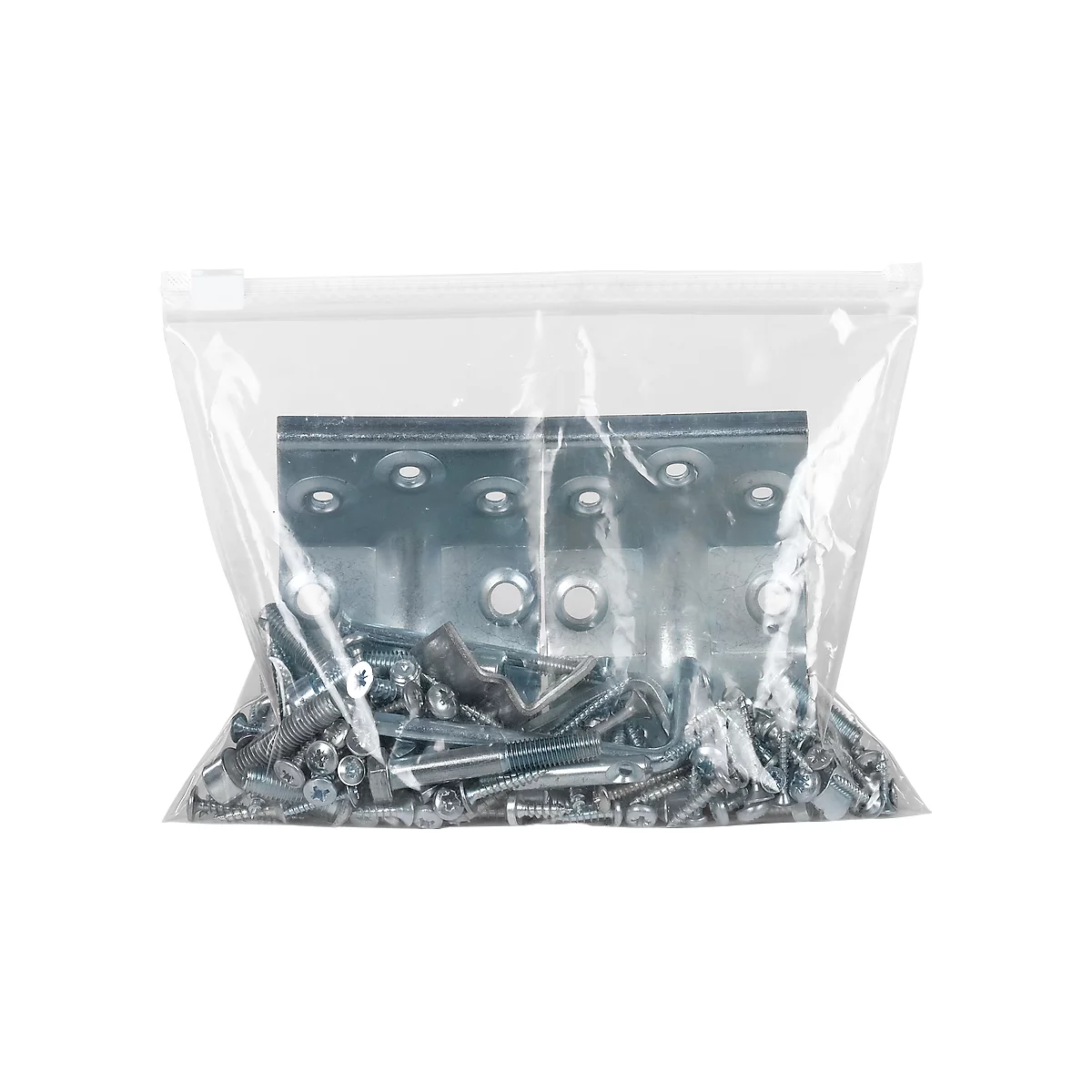 Metal brackets and screws in a plastic bag.