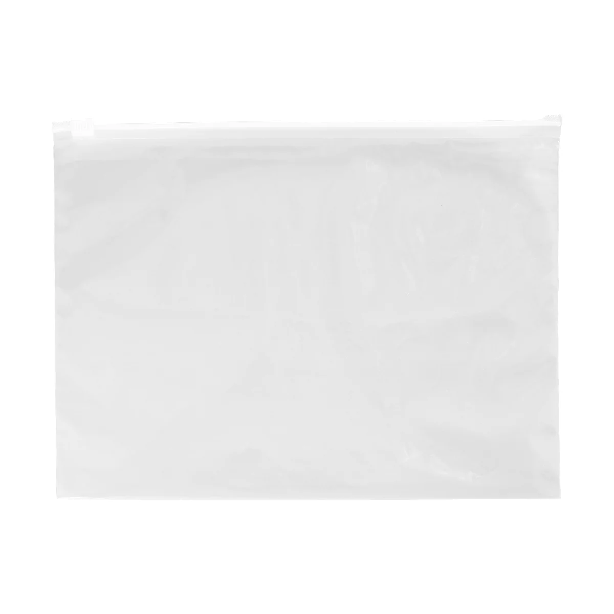 Transparent plastic bag with folds and a sealed top.