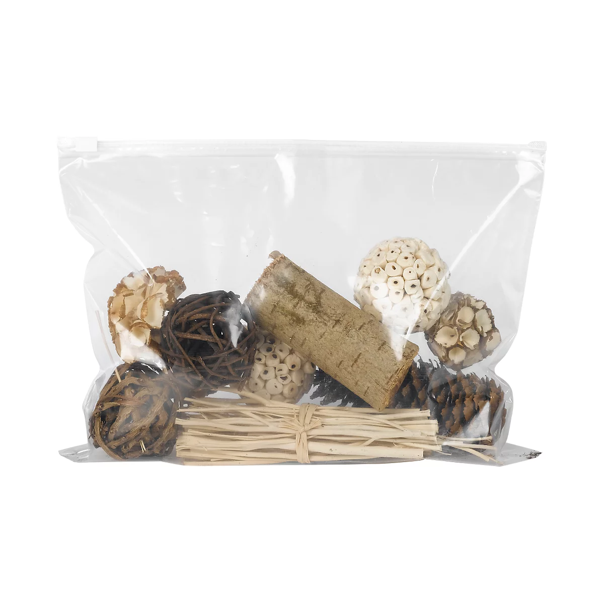 A bag with decorative materials. It contains balls, pieces of bark, and a bundle of straw.