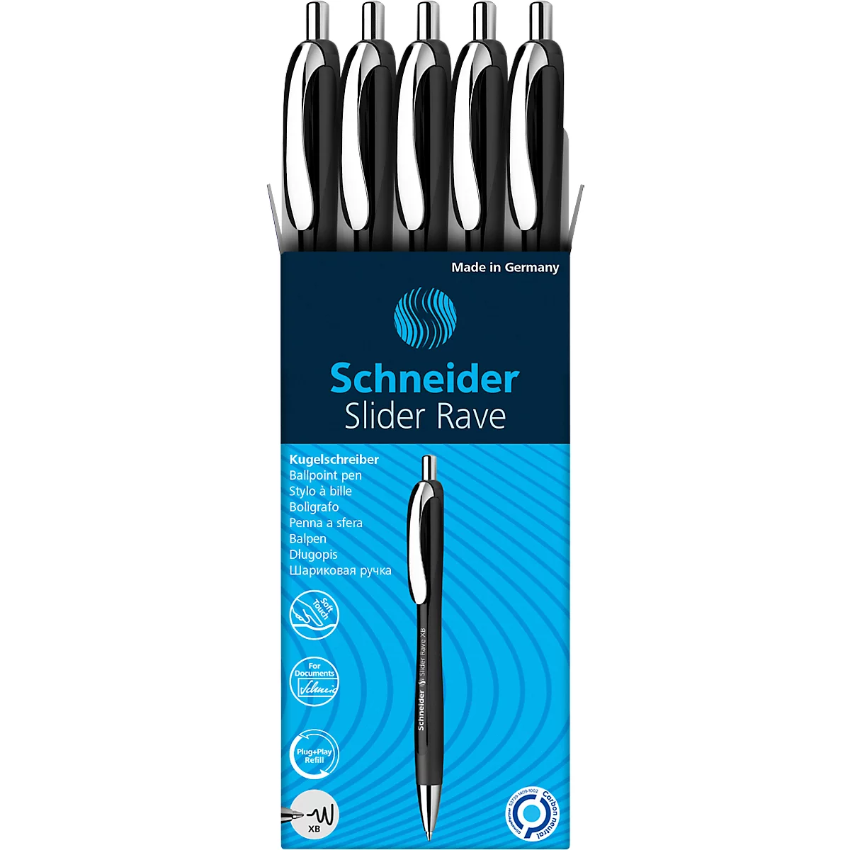 Five black ballpoint pens in a package. "Schneider Slider Rave" is written on the package.