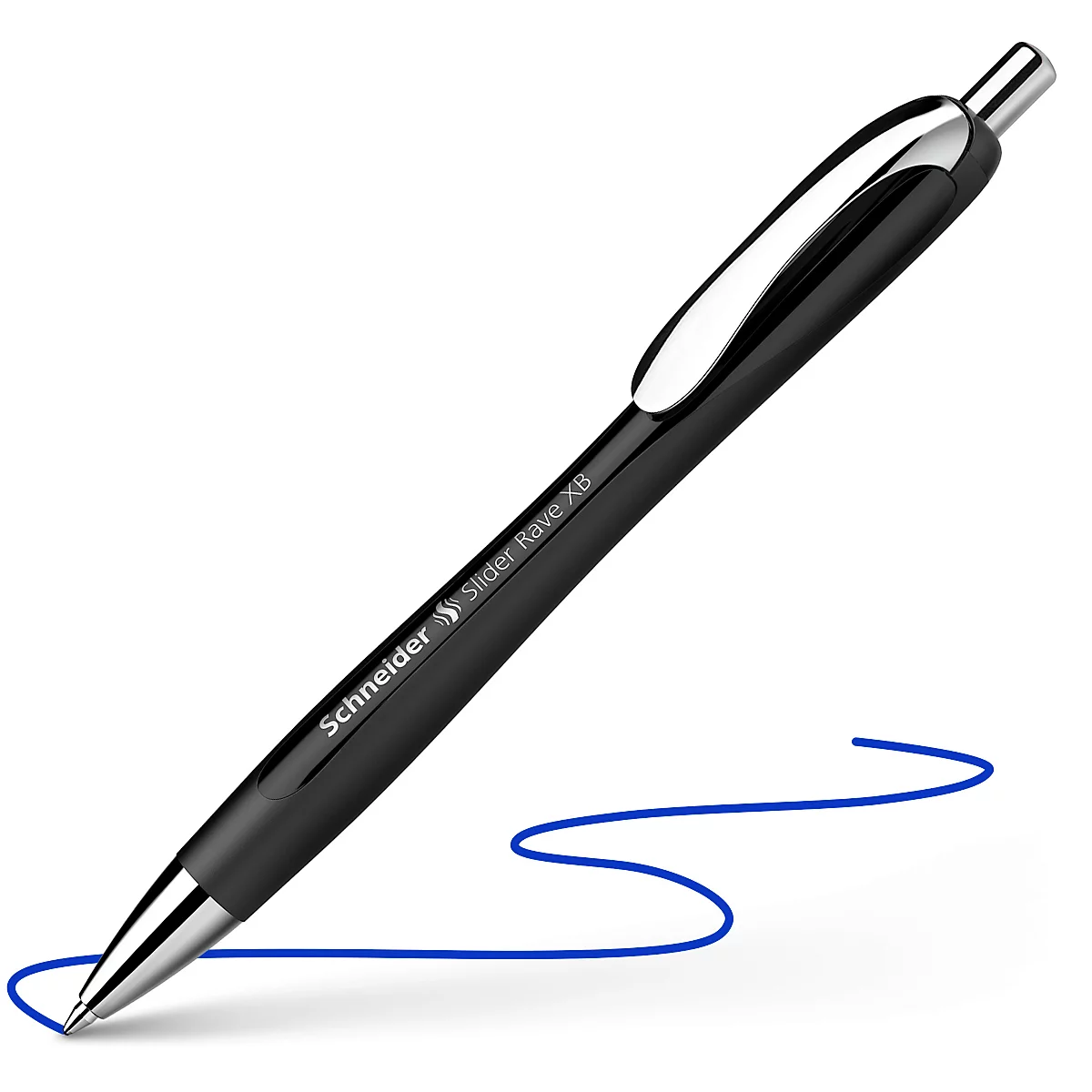 Black Schneider Slider Rave XB pen drawing a blue line. Features lettering, a chrome clip and tip.