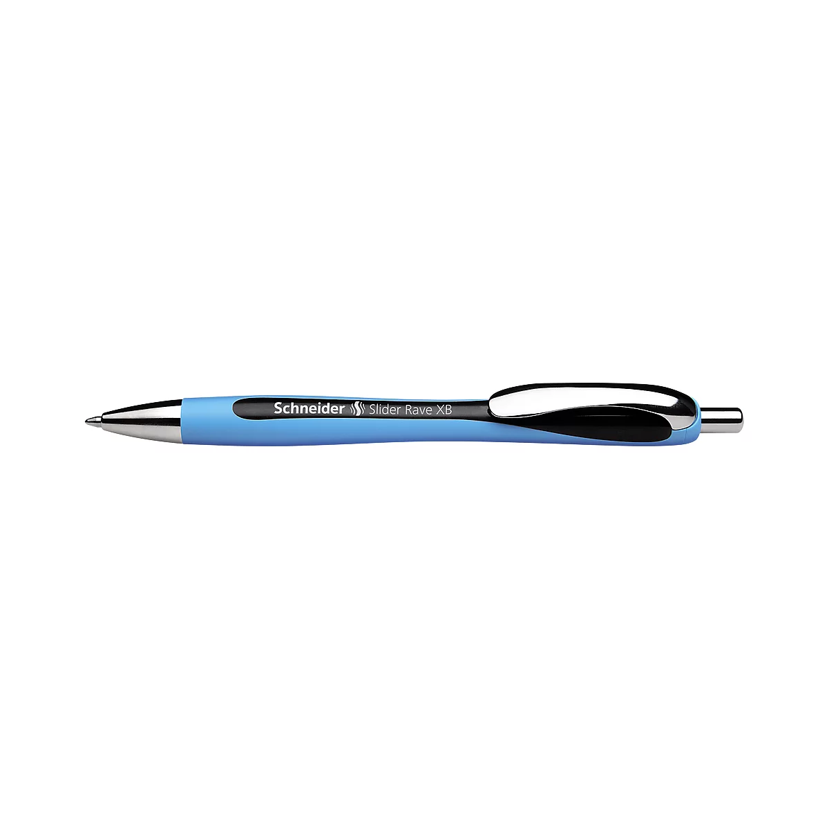 Light blue ballpoint pen with black clip and silver tip. Inscription "Schneider Slider Rave XB".