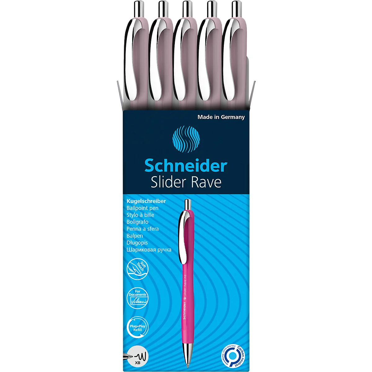 Packaging of five pink Schneider ballpoint pens. The text reads: Schneider Slider Rave.