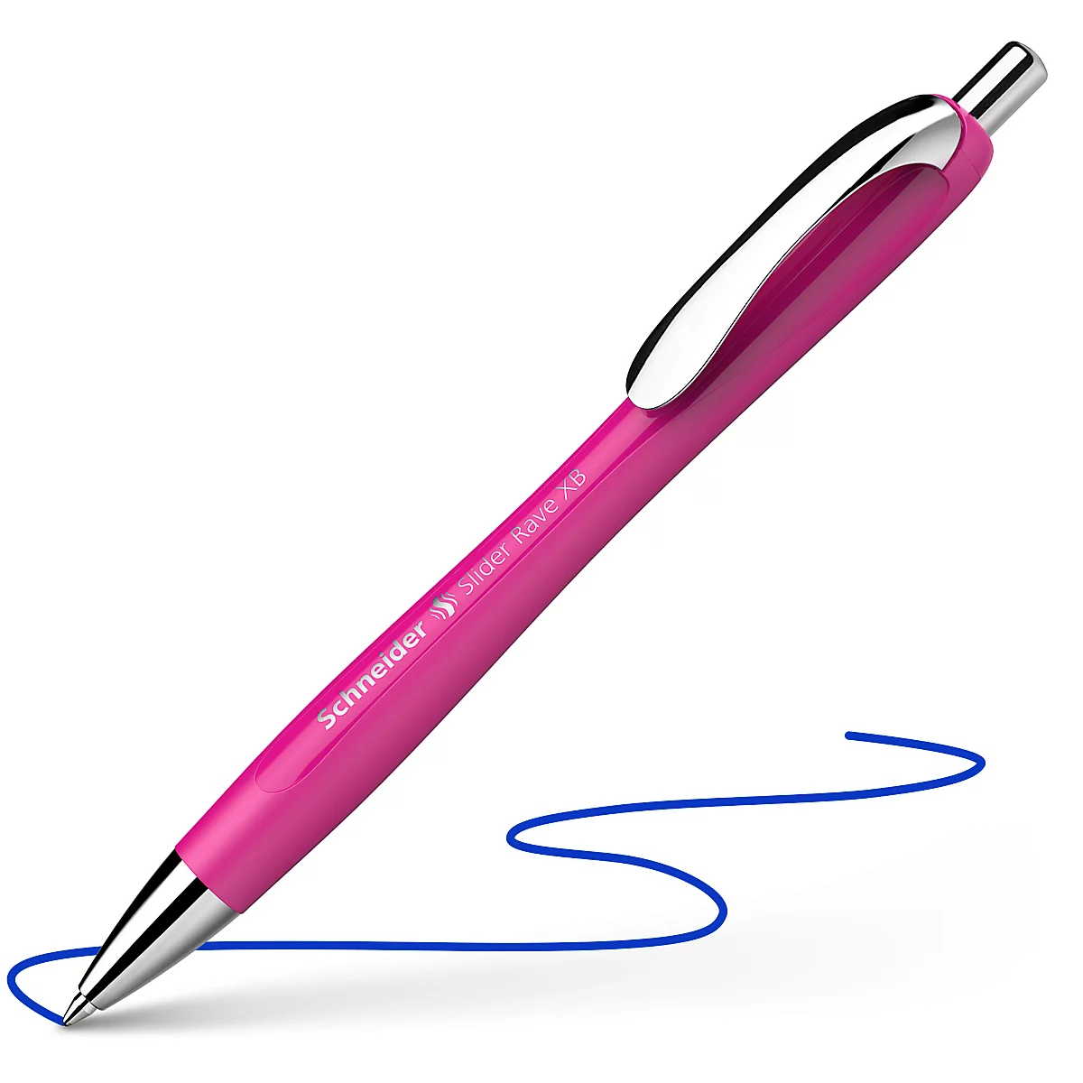 A pink ballpoint pen is drawing a blue line. "Schneider Slider Rave XB" is written on the shaft.