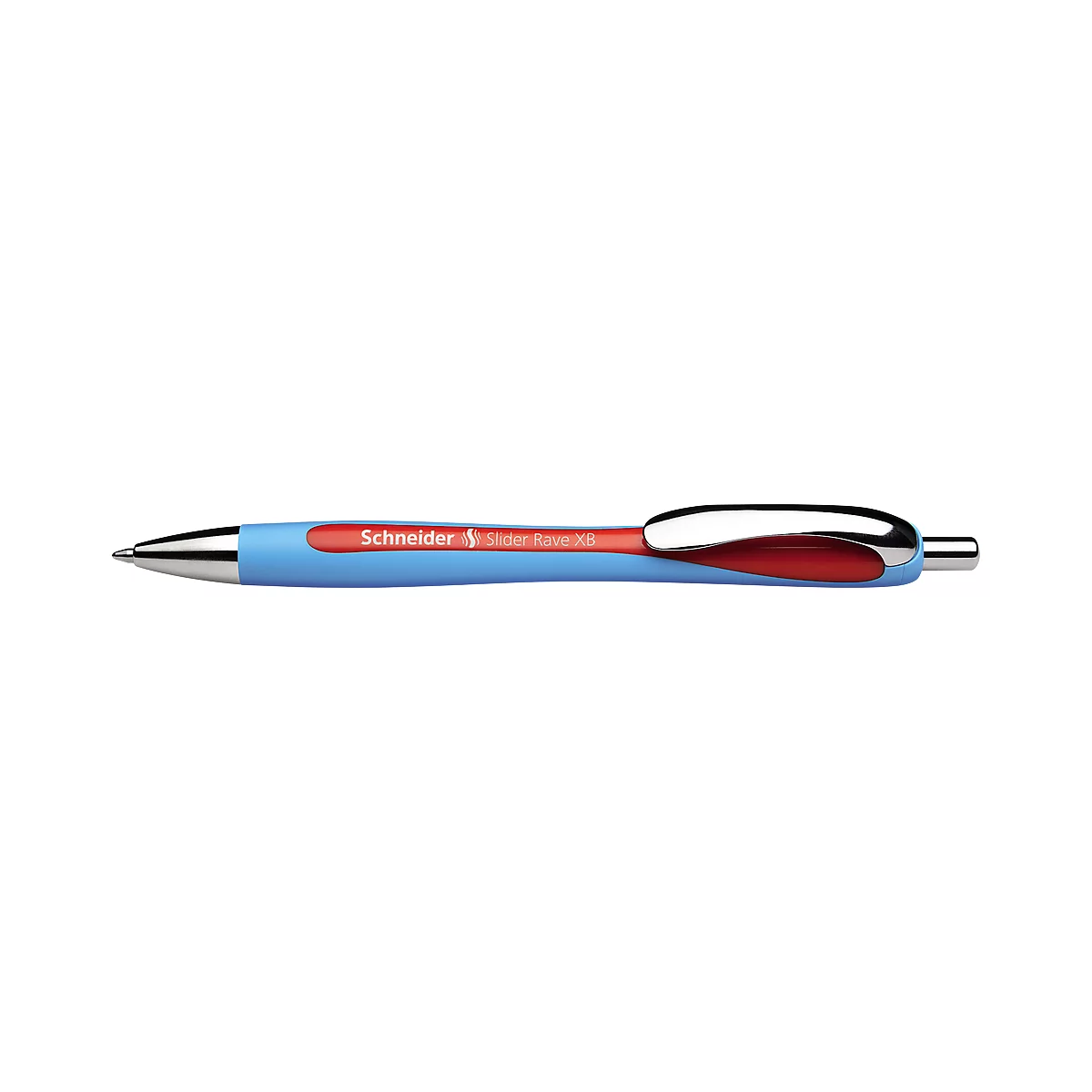 Blue Schneider ballpoint pen with red grip and silver tip. The word 'Schneider' is printed on it.