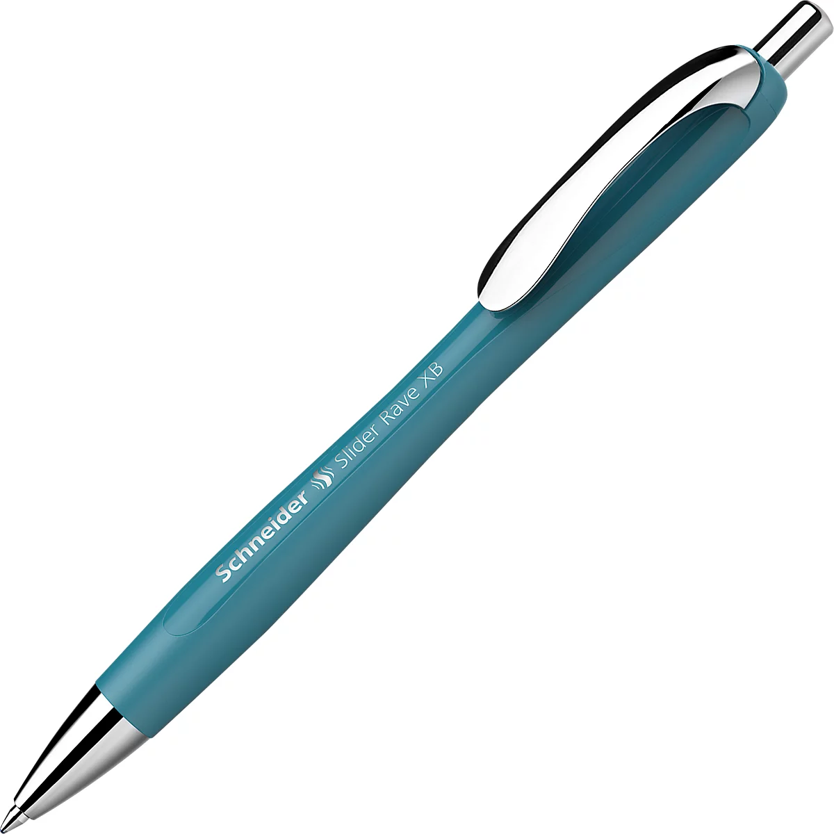 Blue ballpoint pen with silver accents, inclined on a white background. Inscription: "Schneider Slider Rave XB".
