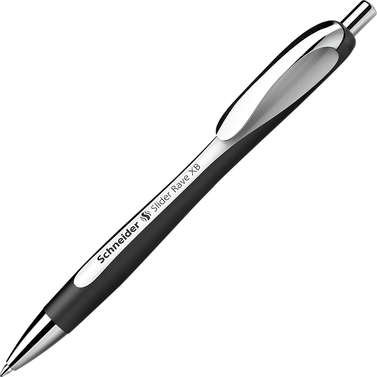 Black ballpoint pen "Schneider Slider Rave X8" with silver accents and clip.