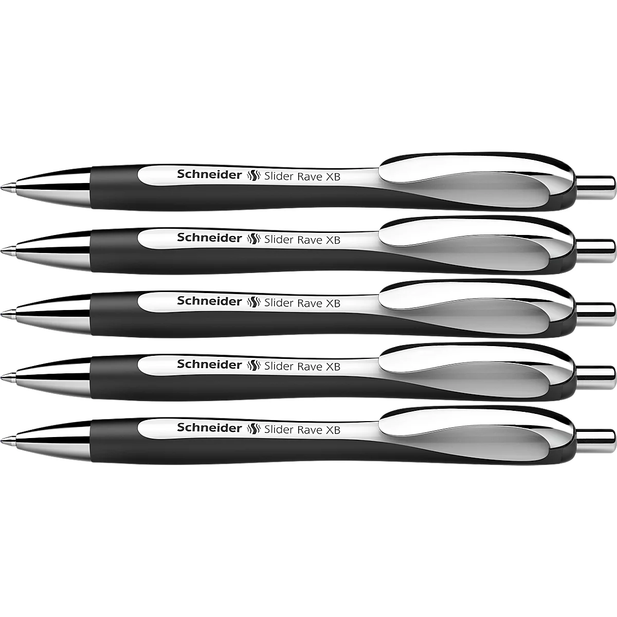 Five black ballpoint pens side by side. Each reads "Schneider Slider Rave XB".
