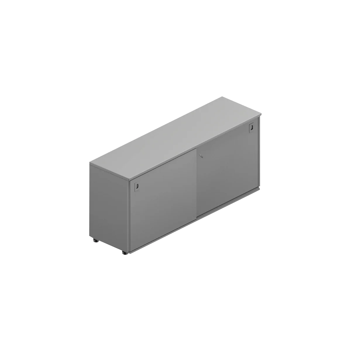 Gray cabinet with sliding doors, castors and handles.