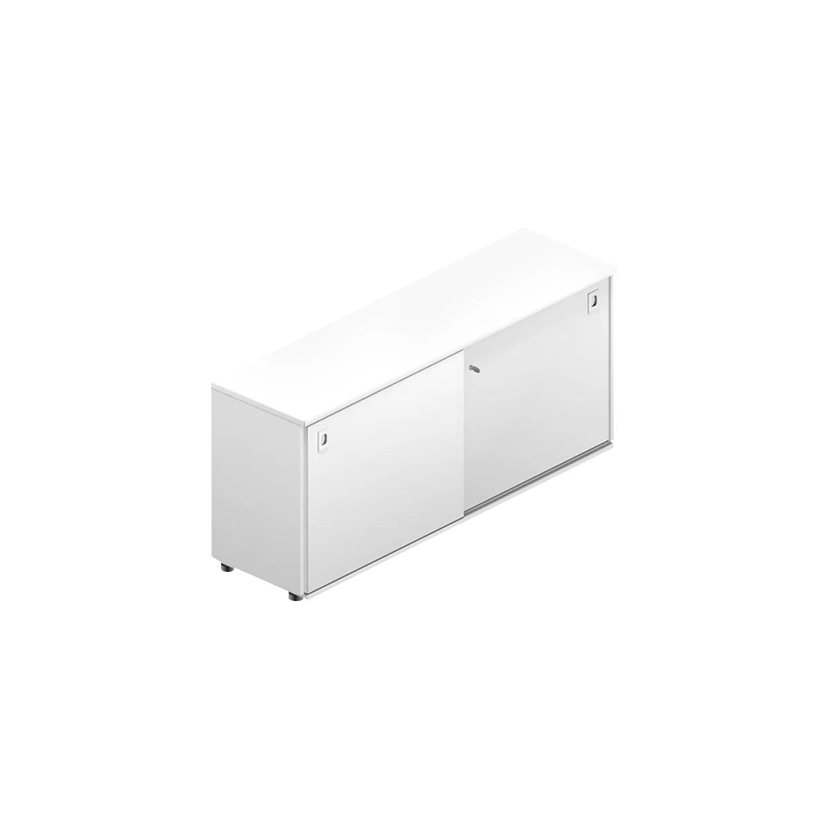 A white rectangular cabinet with sliding doors. Standing on feet, with handles. The door and side edges are slightly rounded.