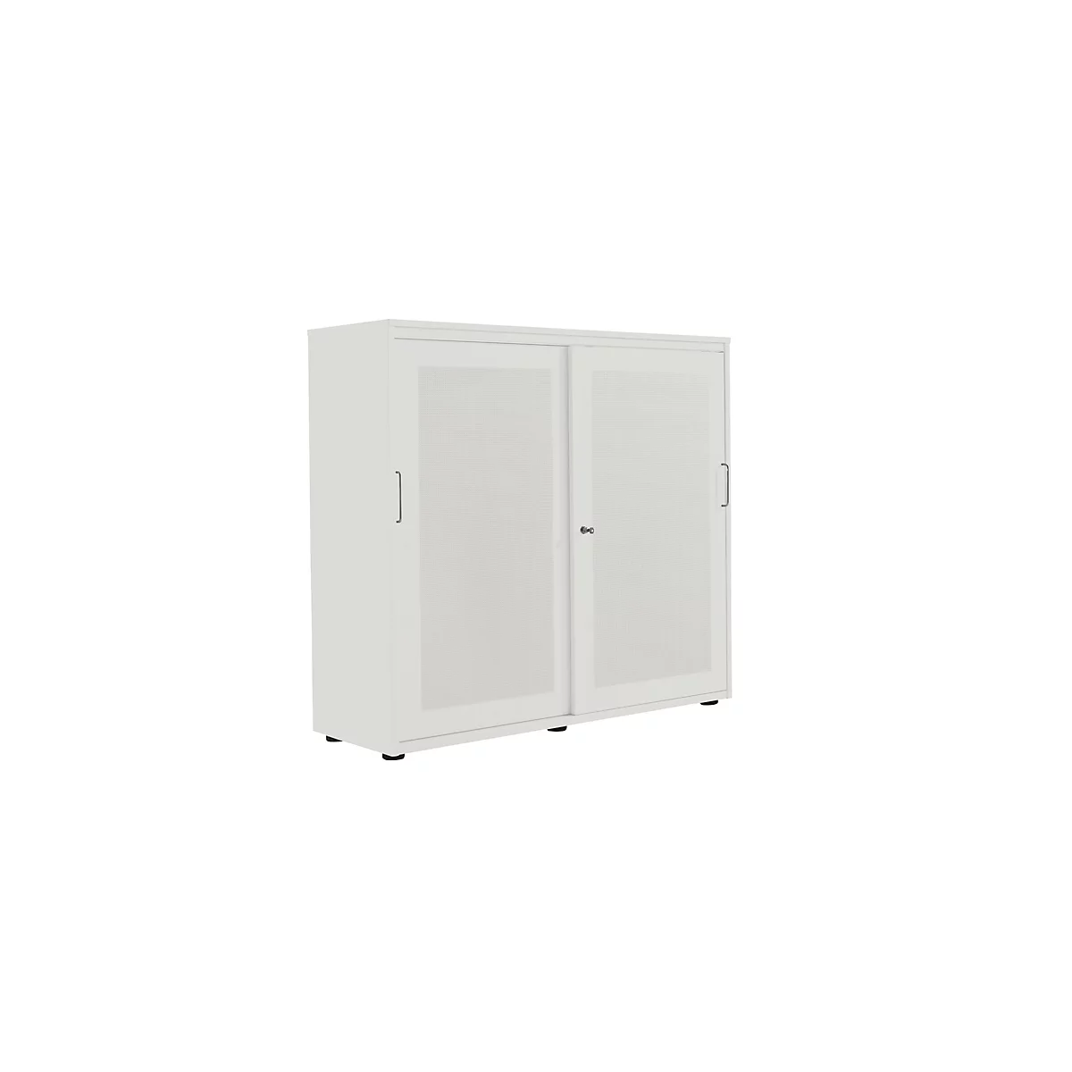A white cabinet with sliding doors against a neutral background.