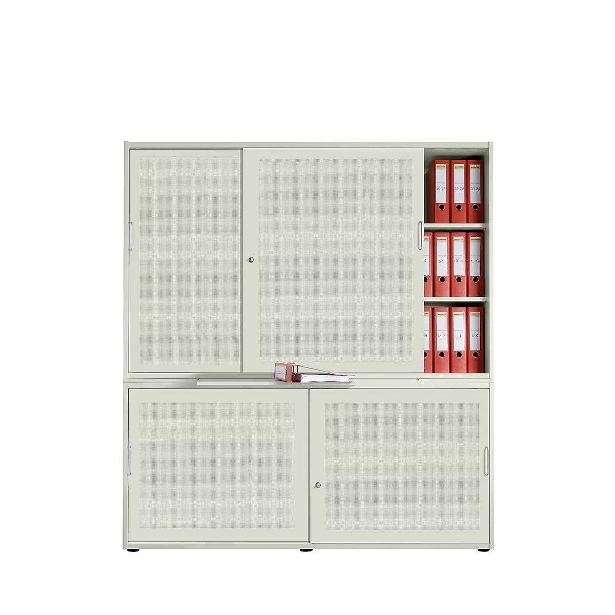 Beige office cabinet with sliding doors and red folders. Documents are on the shelf.