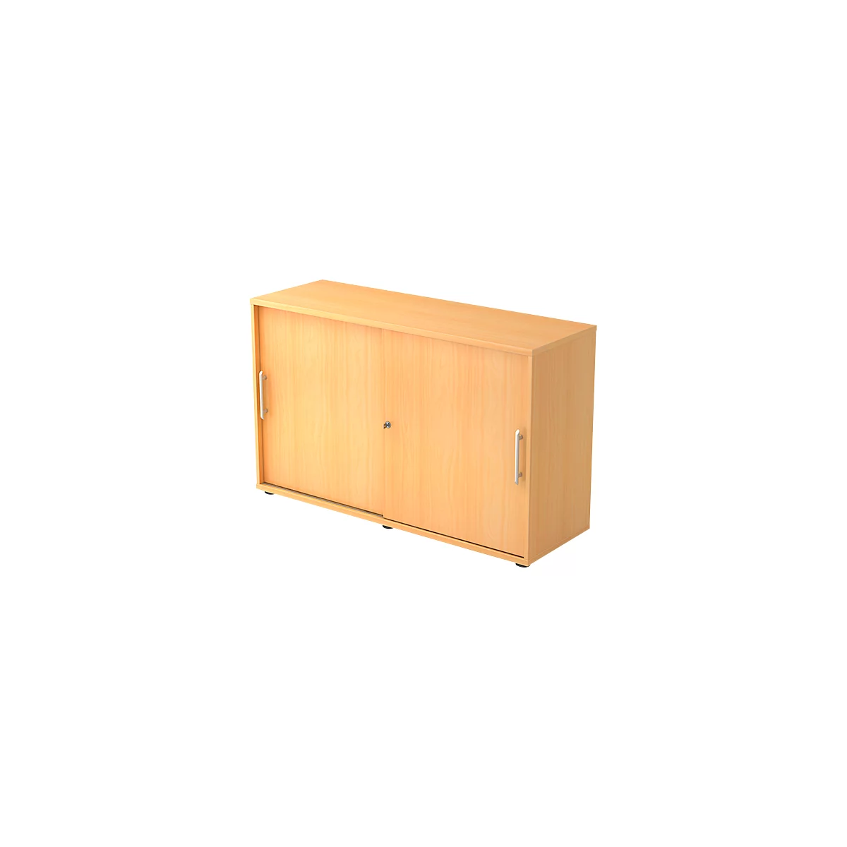 Light brown cabinet with sliding doors and silver handles. The doors are closed, a key is in the lock.