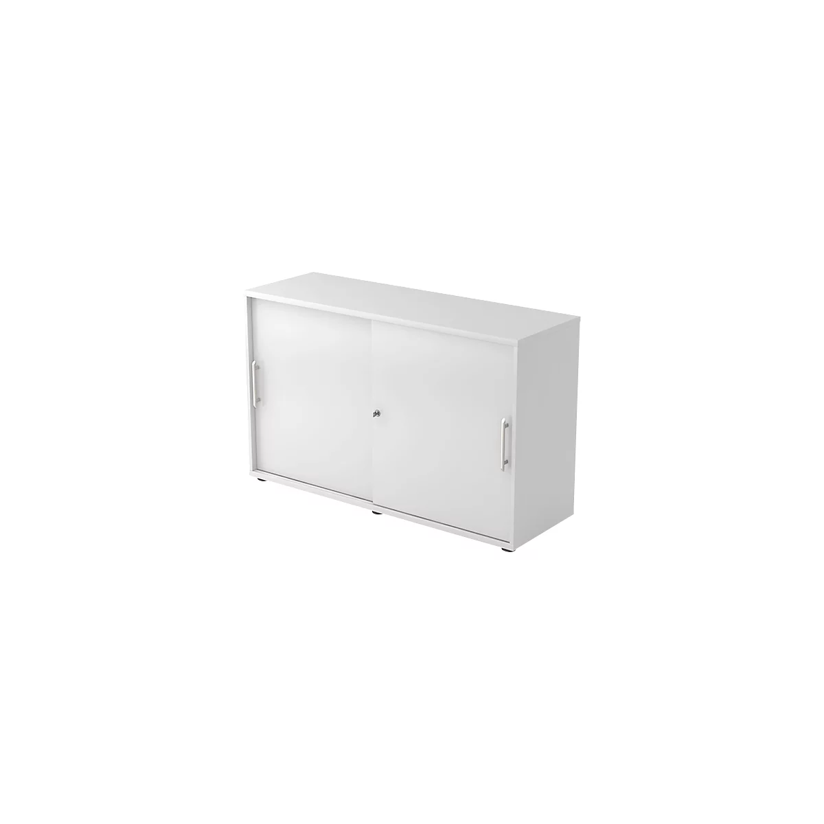 White cabinet with sliding doors and silver handles.