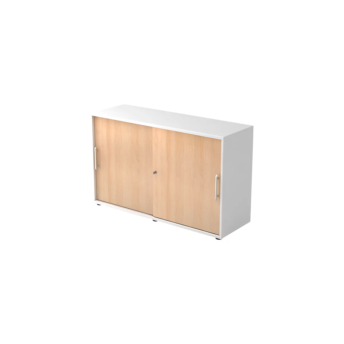 Cabinet with sliding doors, light wood, white outer walls, silver handles and lock.