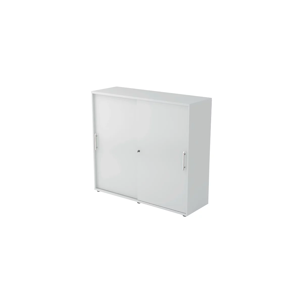 White cabinet with sliding doors and handles. There is a small keyhole in the center.