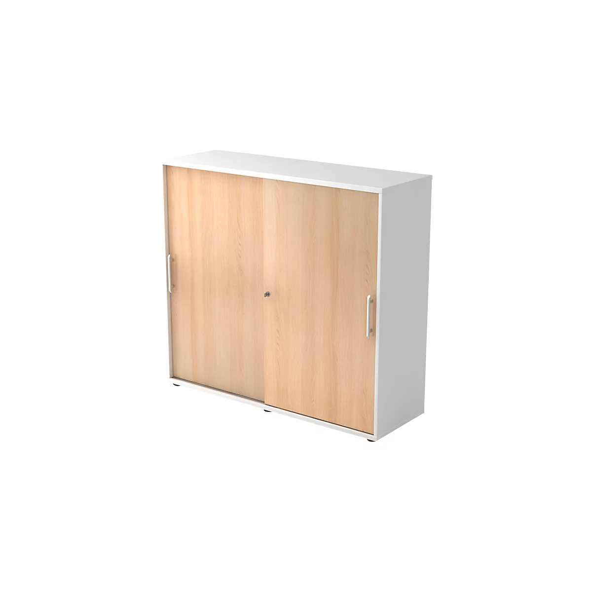 White filing cabinet with two sliding doors made of light wood. Two silver handles.