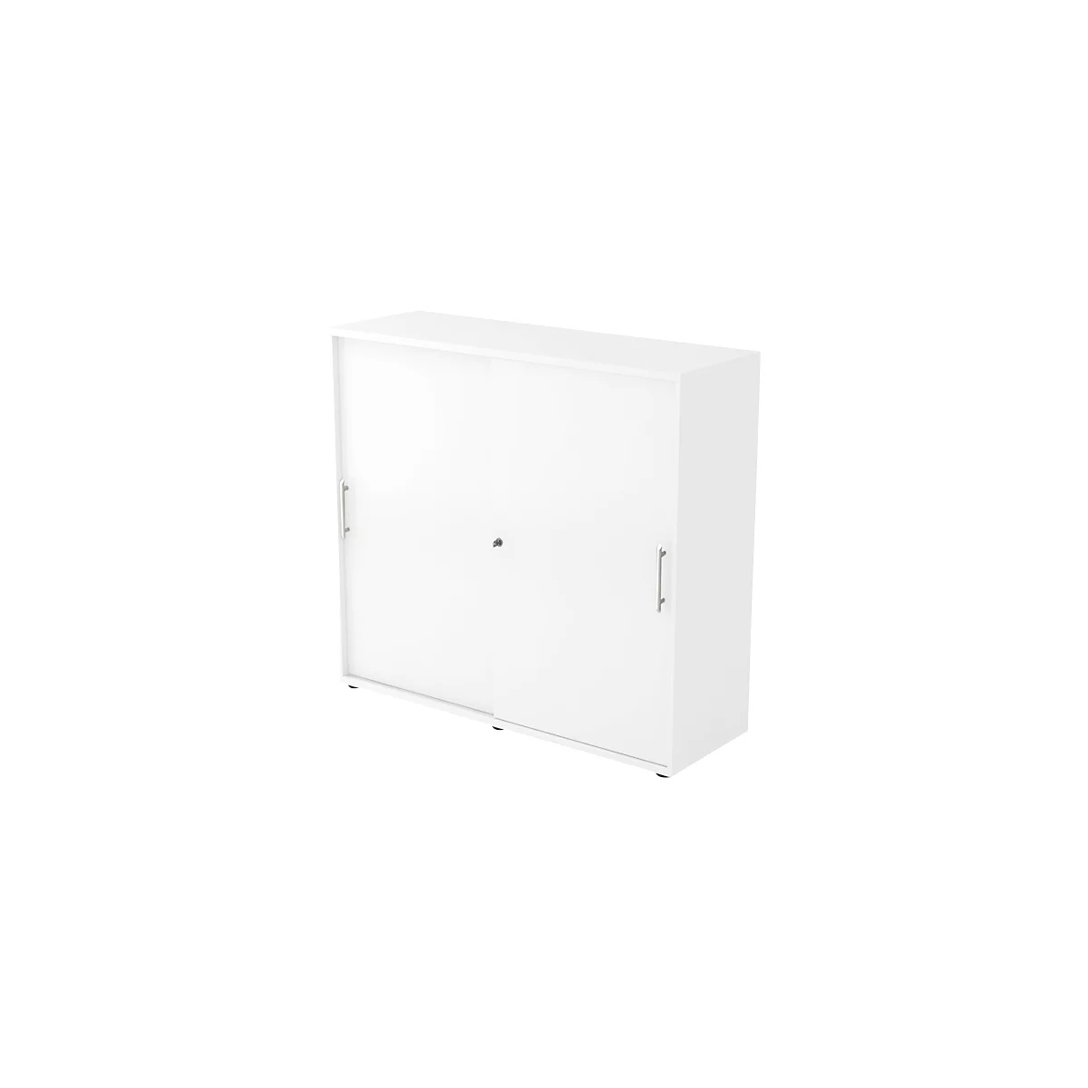 White cabinet with sliding doors and handles. A lock is in the middle.