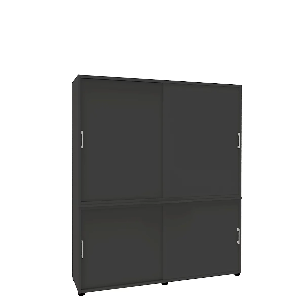 Dark gray cabinet with sliding doors, two doors on top of each other. Rectangular, silver door handles.