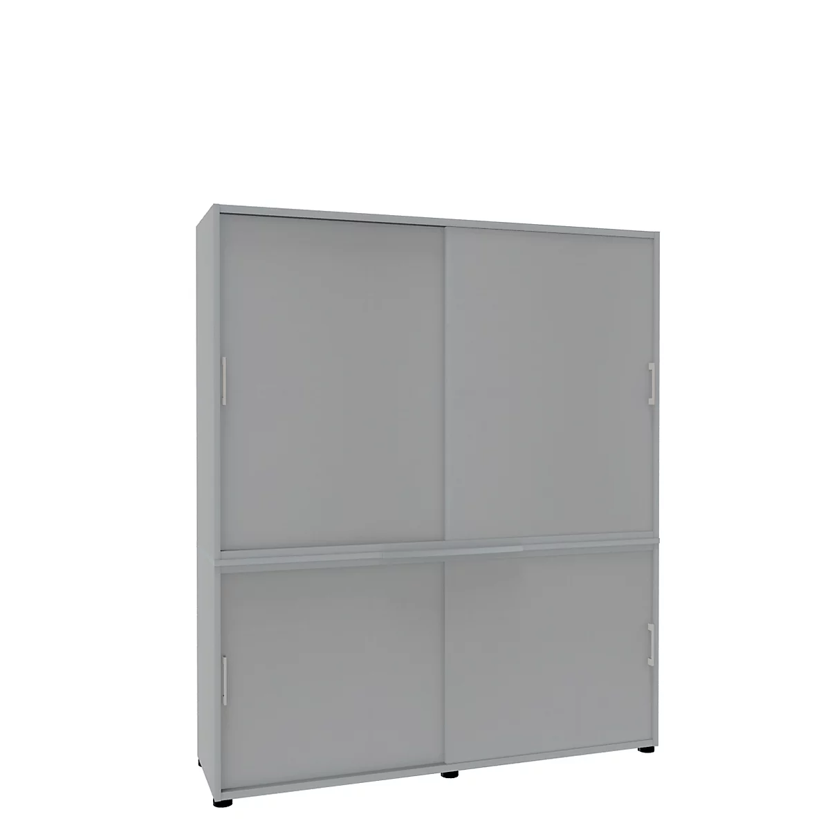 Gray filing cabinet with sliding doors. The cabinet is divided into two sections and has two doors at the top and bottom.