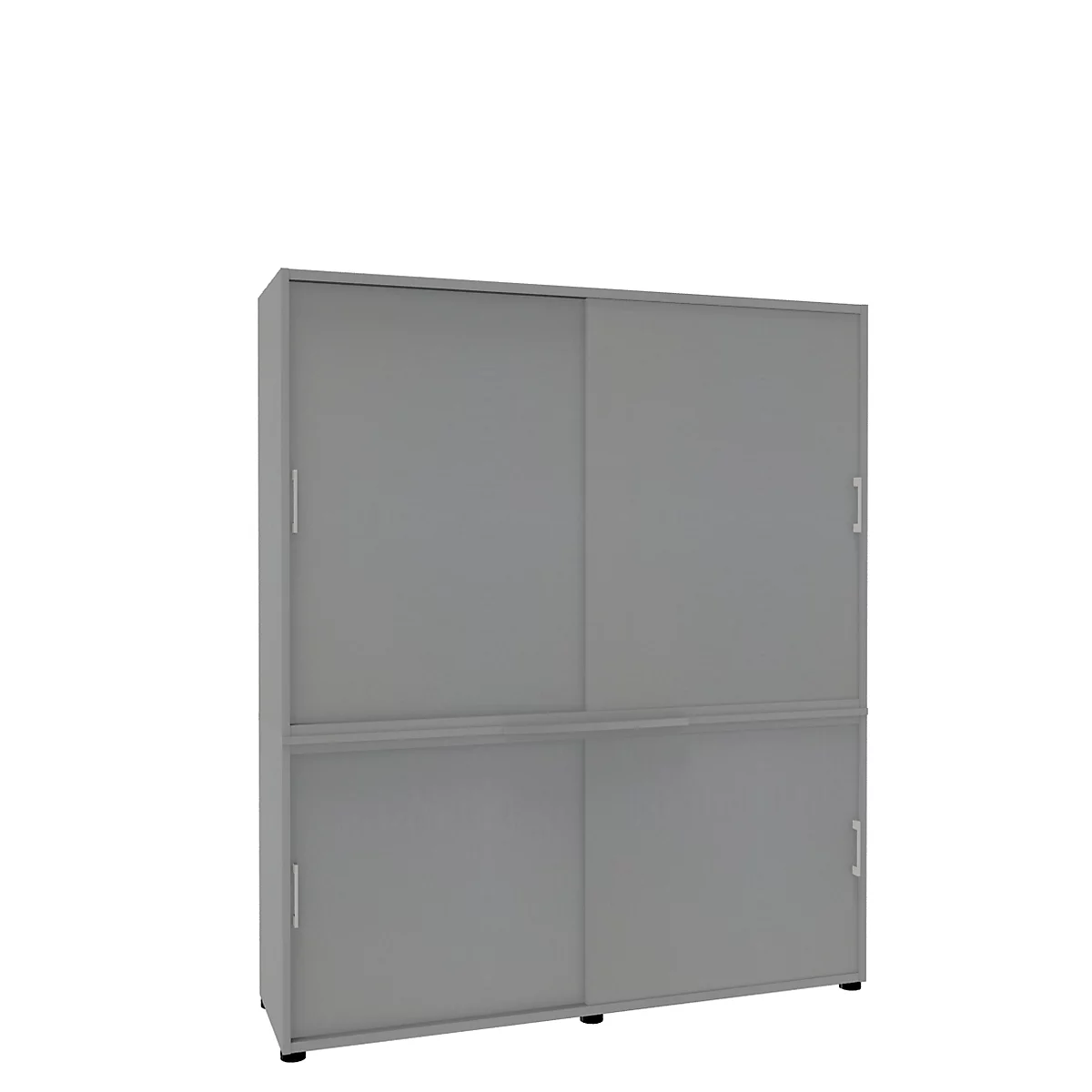 Grey cabinet with sliding doors. Two doors on top, two doors on the bottom. Against a white background.