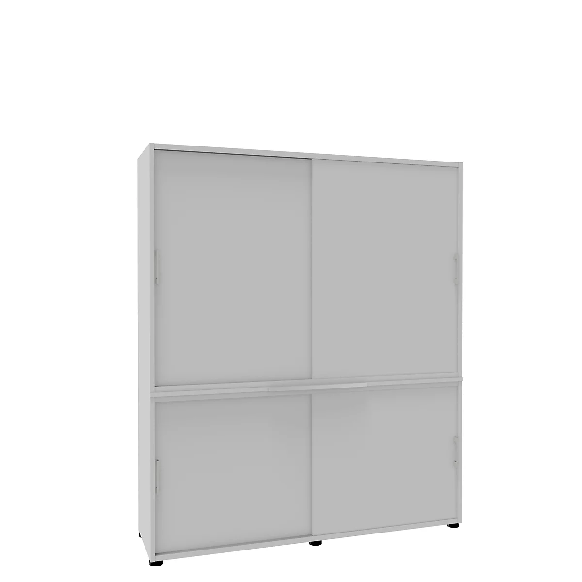 A gray cabinet with sliding doors, against a white background.