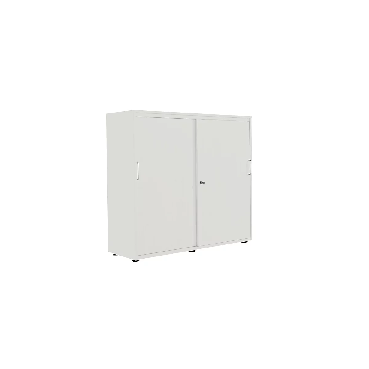 White cabinet with sliding doors. On a black base.