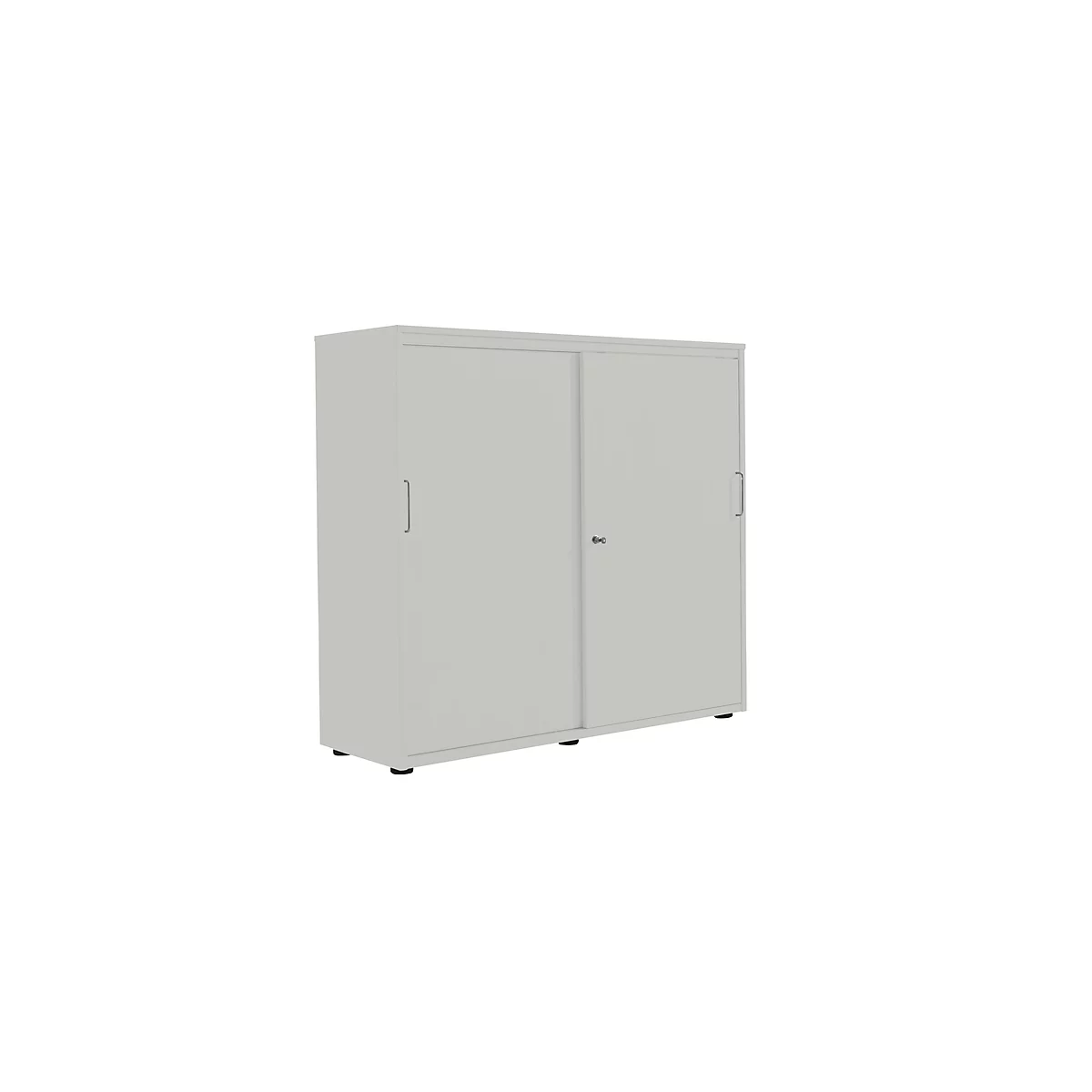 Gray office cabinet with two sliding doors, two handles and a lock.