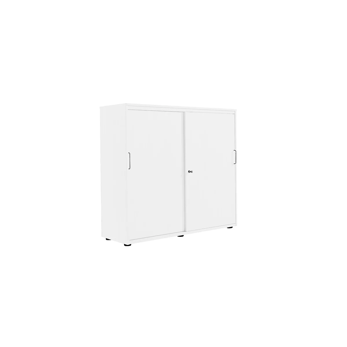 White cabinet with sliding doors, black handles, and a key. Standing on black feet against a white background.