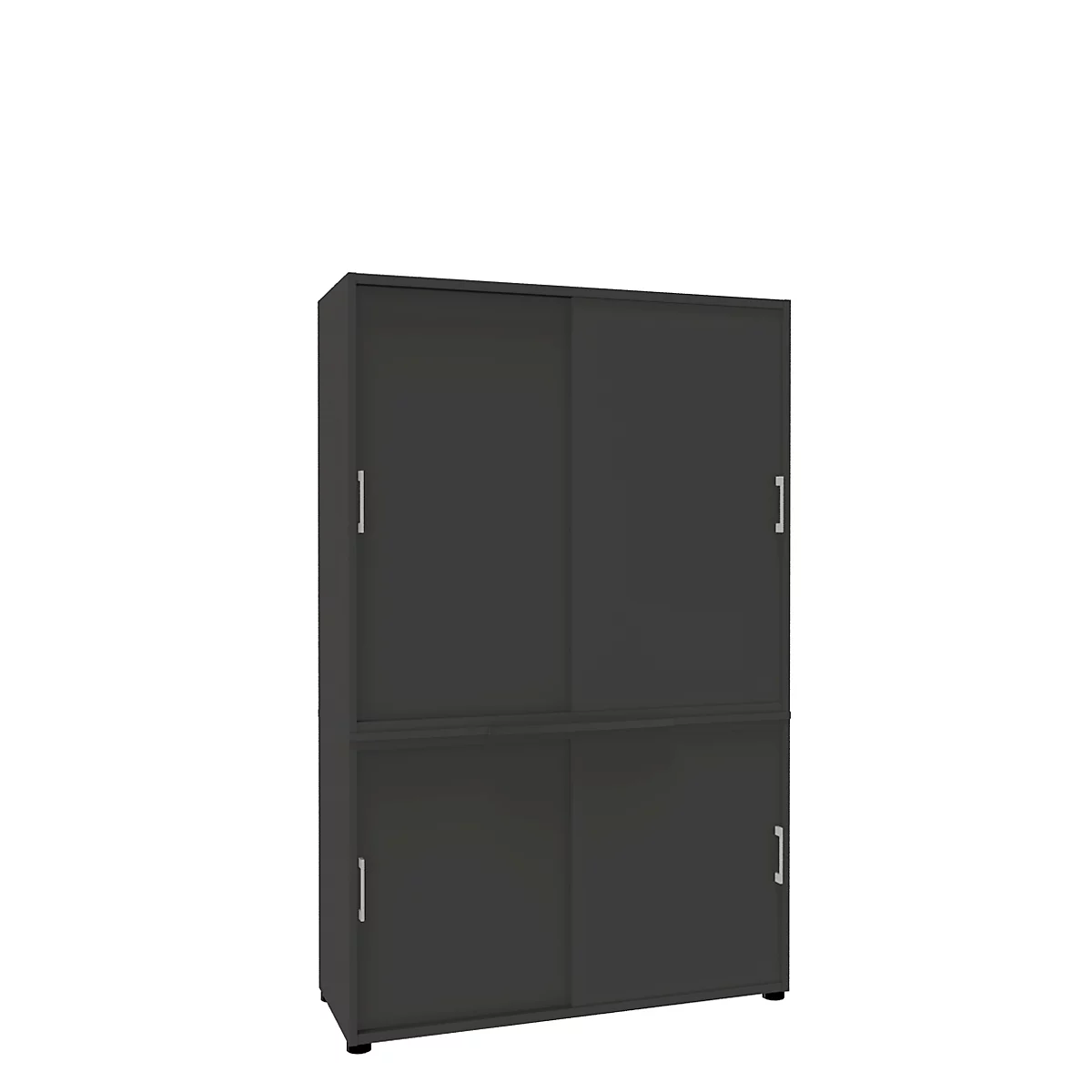 Dark grey cabinet with sliding doors against a white background.