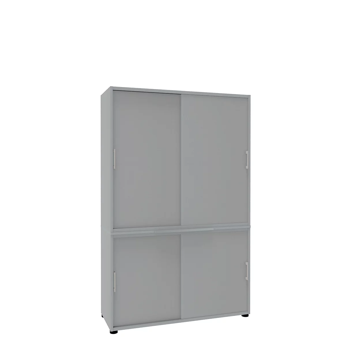 Grey cabinet with sliding doors. The two-part upper compartment has two doors, the lower compartment as well.