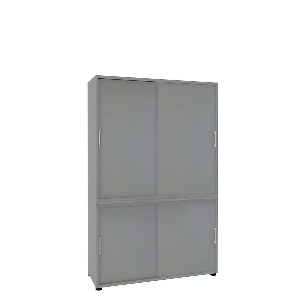 Gray cabinet with sliding doors on white background.