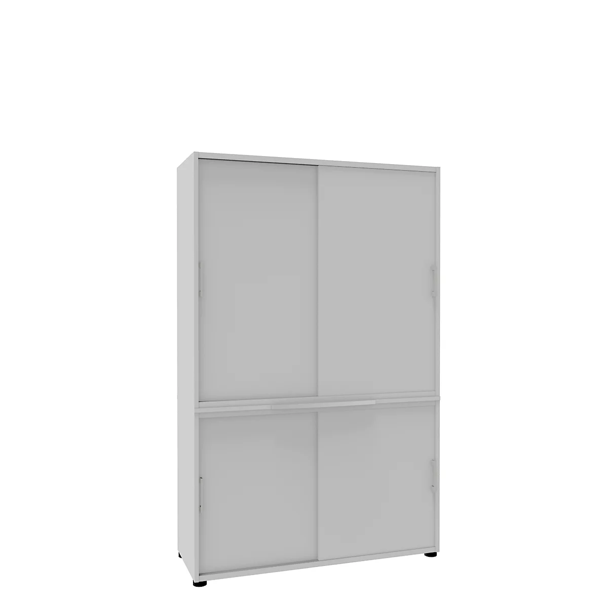 Grey cabinet with sliding doors against a white background.