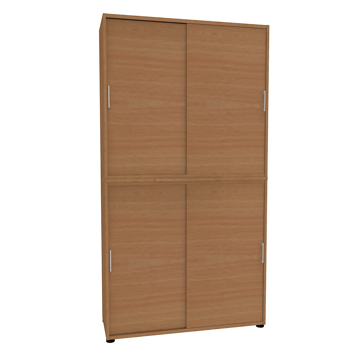 A tall, brown cabinet with two sliding doors, silver handles, and a wood grain finish. The background is white.