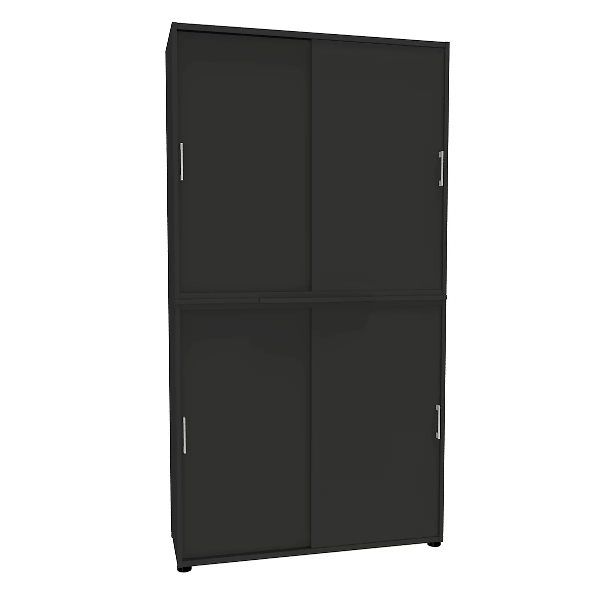 Dark cabinet with sliding doors, four doors in total.