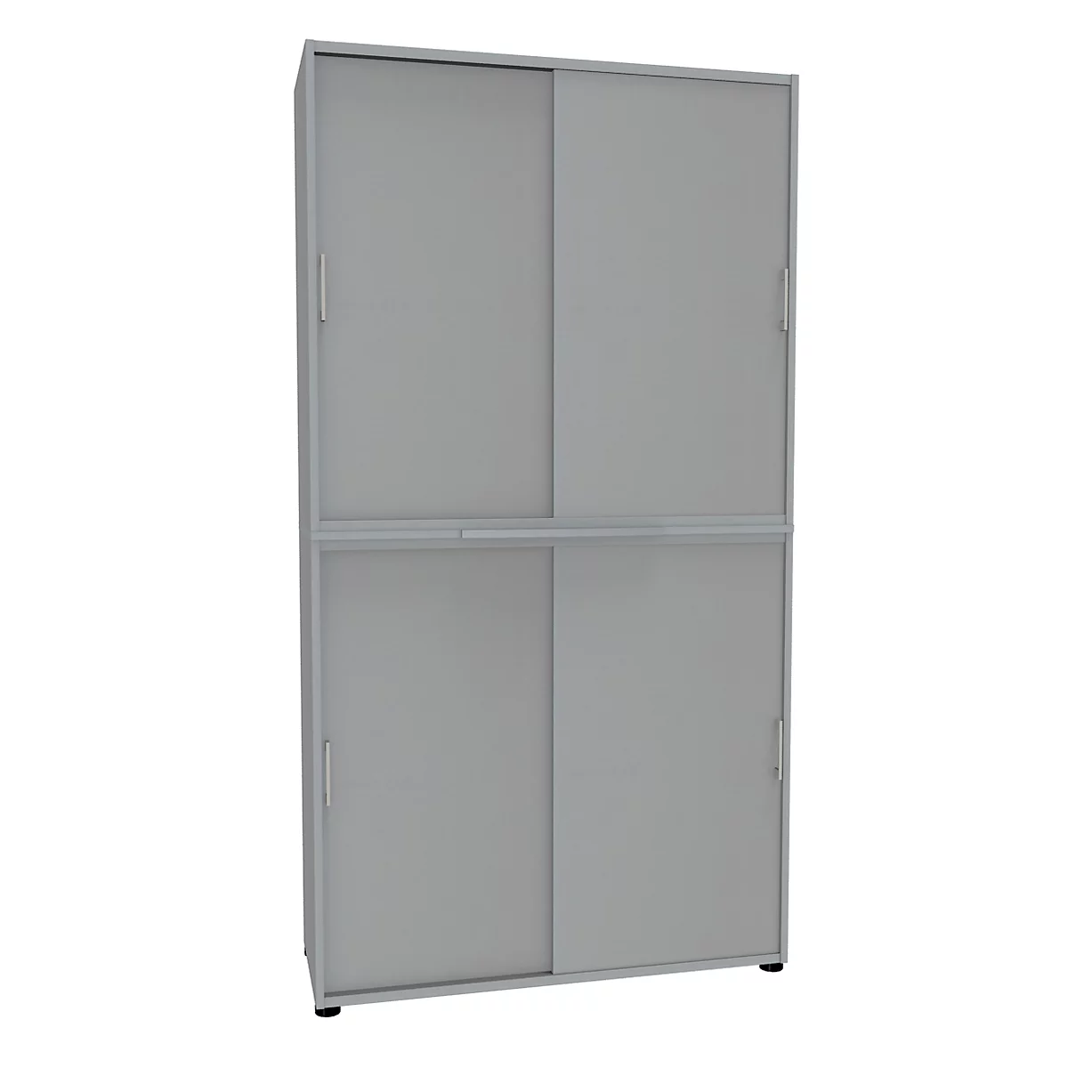 Gray filing cabinet with sliding doors.