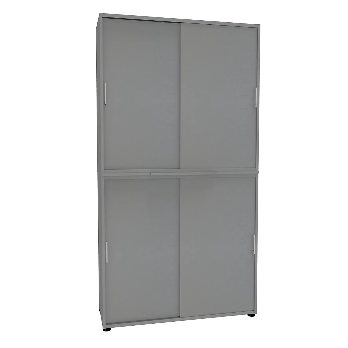 Grey, two-door cabinet with sliding doors.