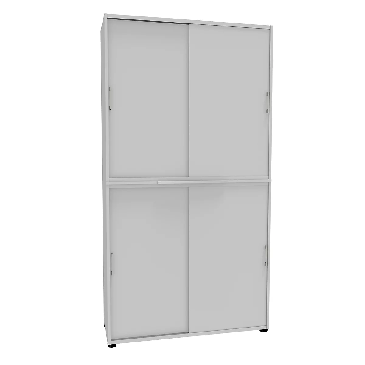 A white rectangular cabinet with sliding doors. It is divided into two halves. The cabinet stands on black feet.
