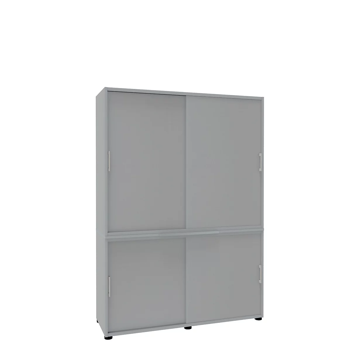 Grey cabinet with sliding doors, on a white background. Two upper doors, two lower doors.