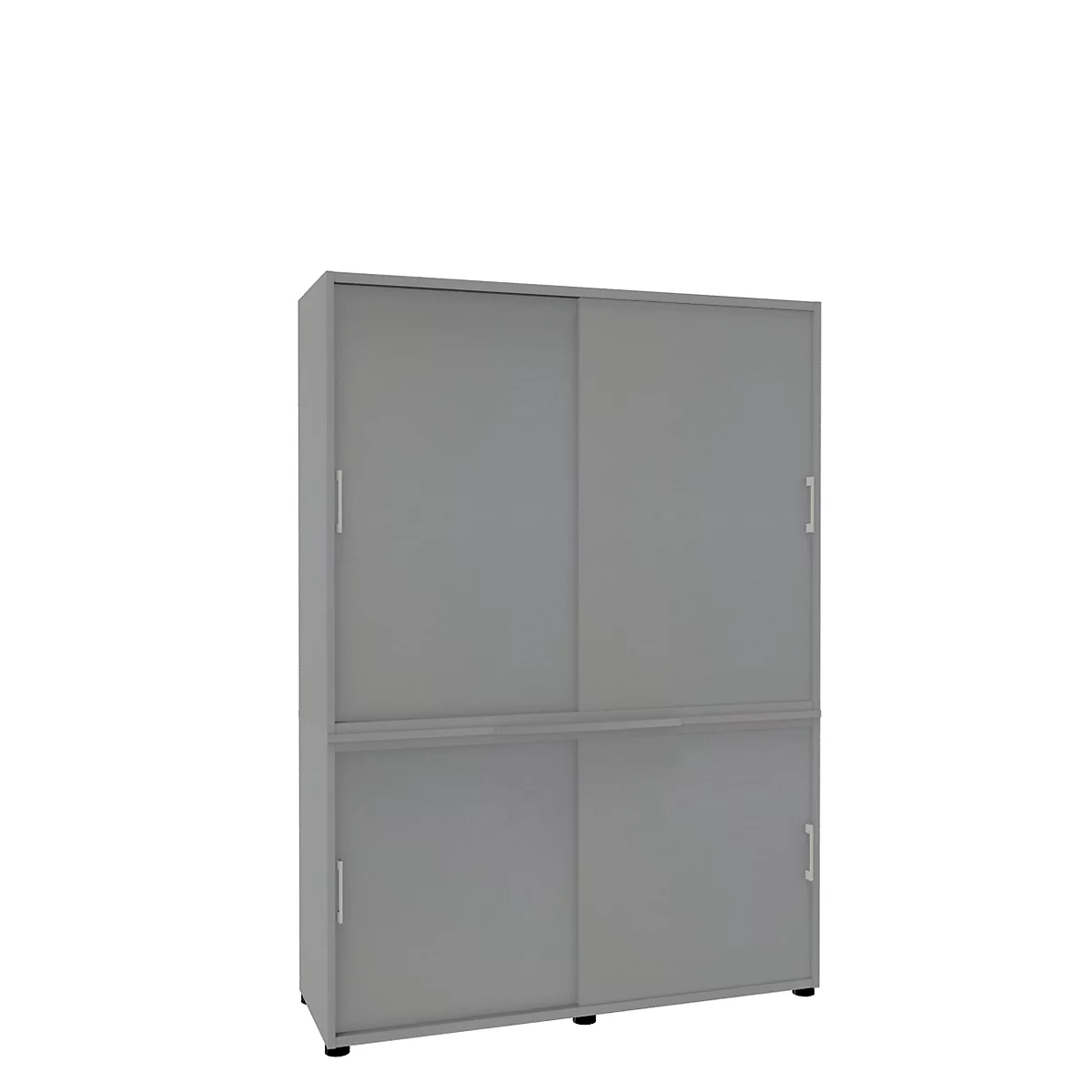 Gray cabinet with sliding doors. Two doors above, two below. On a light background.