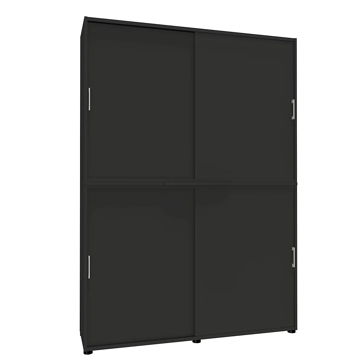 Dark gray cabinet with sliding doors and silver handles.