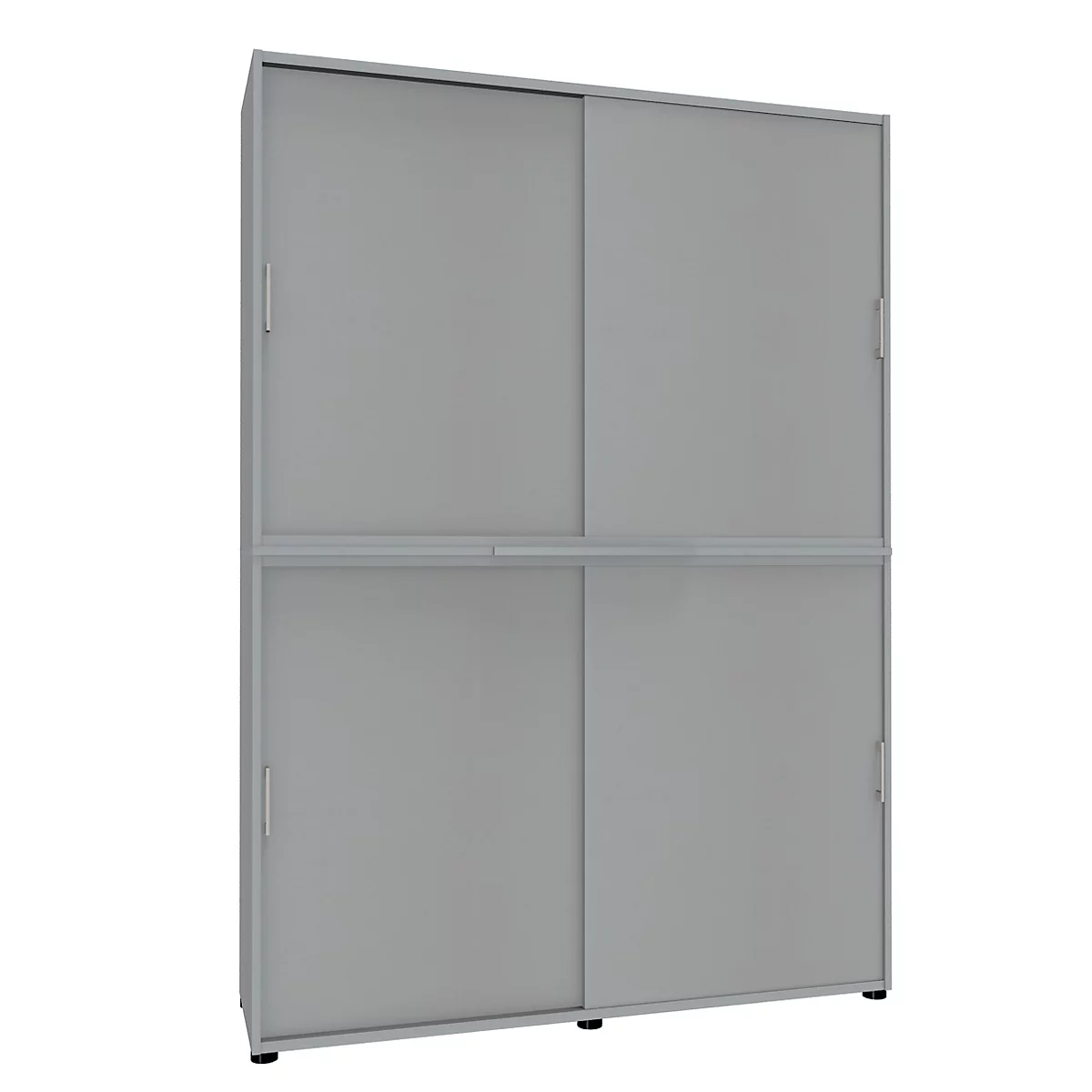Grey cabinet with four sliding doors, handles and black feet.
