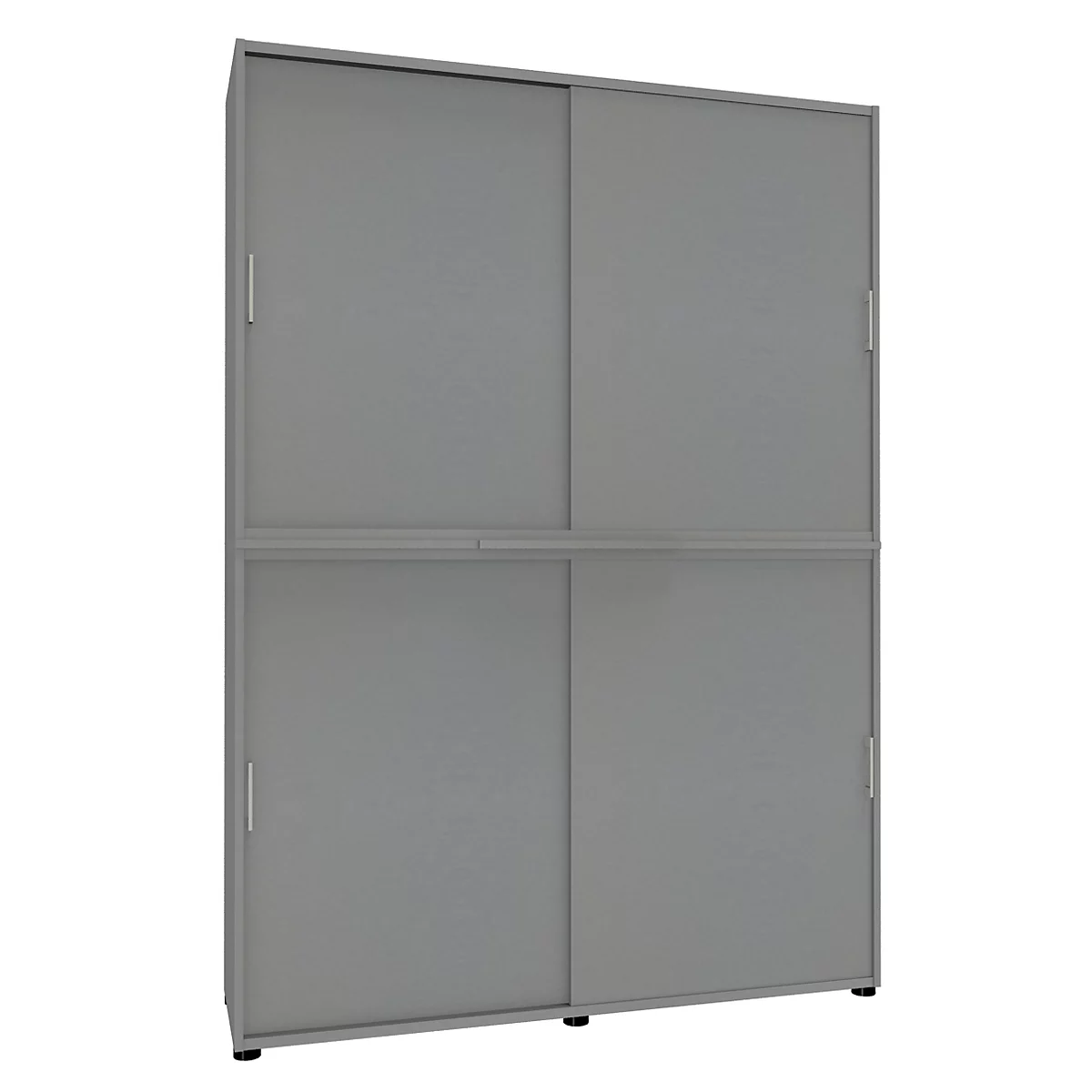 Gray cabinet with sliding doors. The cabinet is divided into four sections and stands on small black feet.