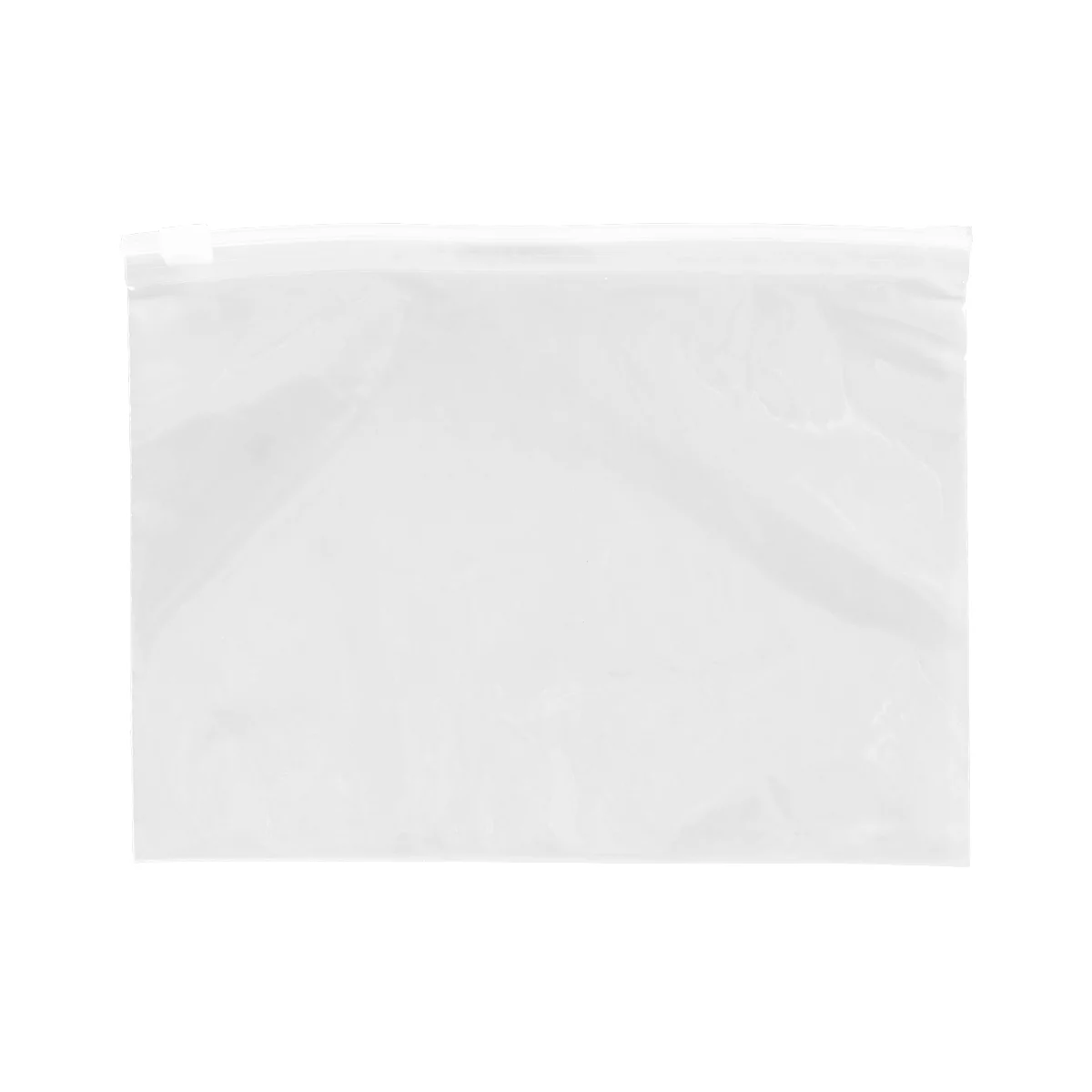 Transparent, empty zip lock bag, against white background.
