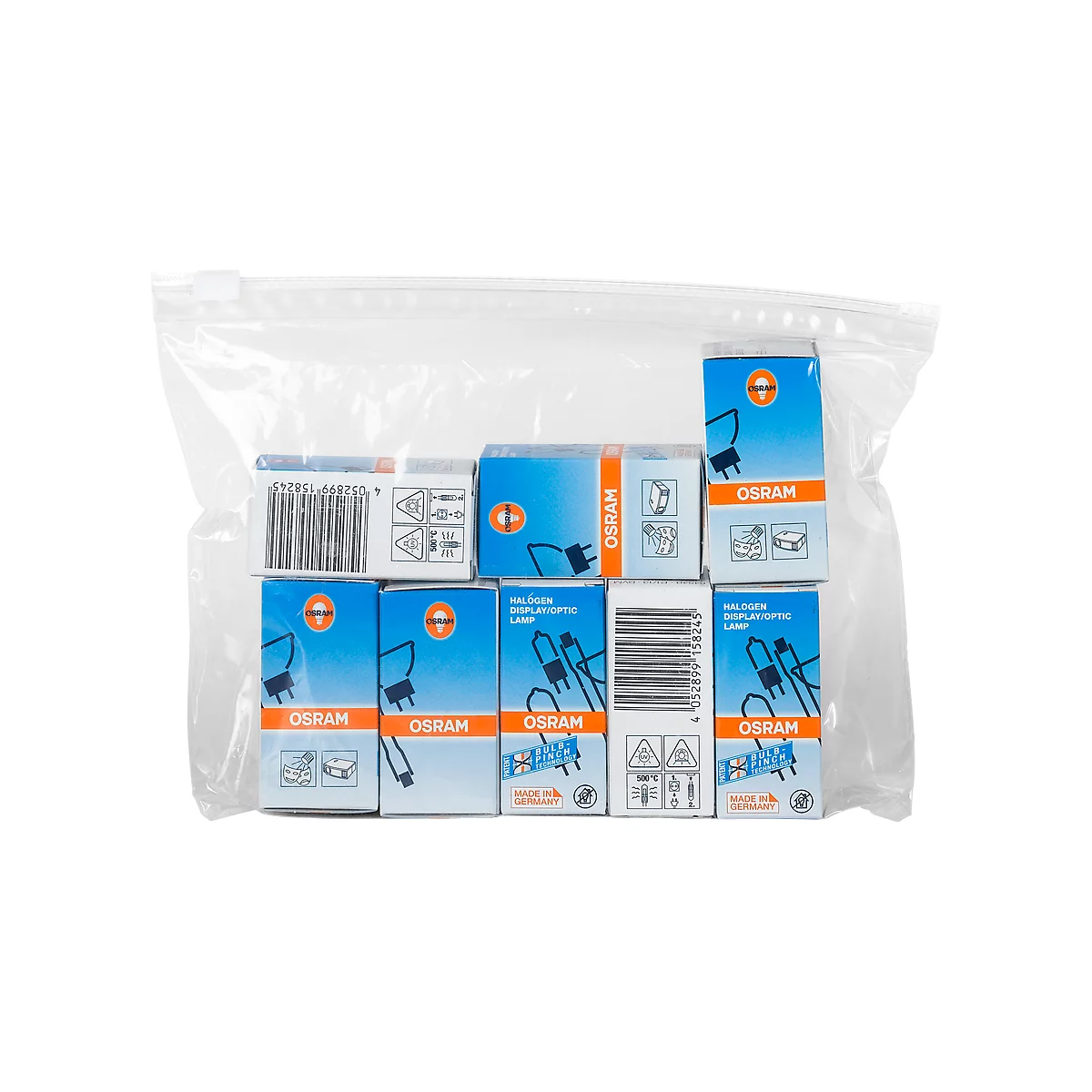 Several OSRAM lamps packed in a transparent bag. Blue and white boxes with an orange logo and lettering.