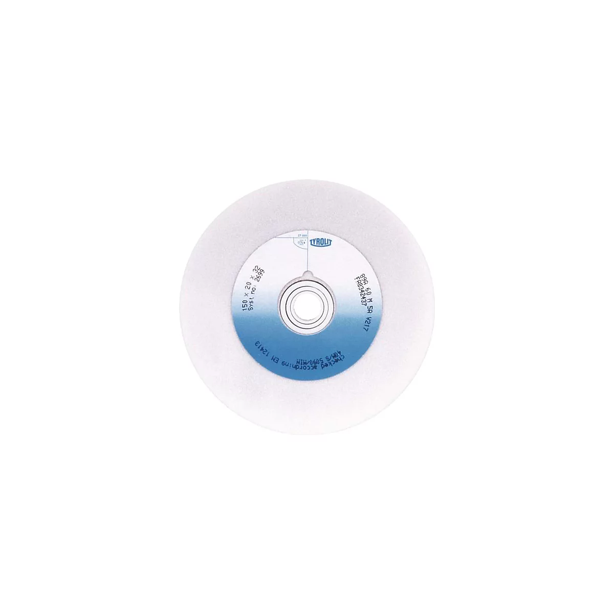 Ronde slijpschijf met blauw midden en witte rand. Tekst op het blauwe gedeelte.