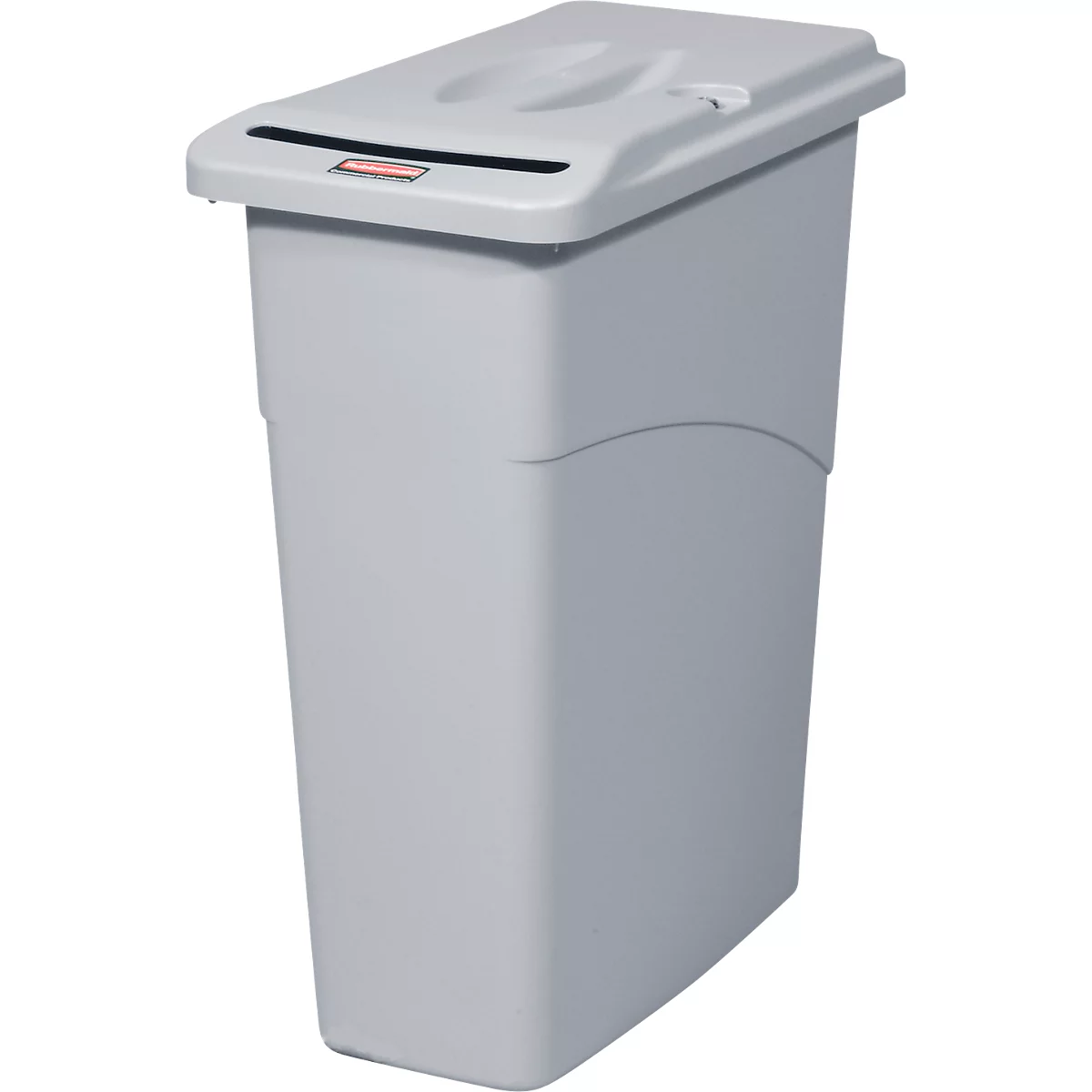 Gray laundry hamper with lid and small slot.