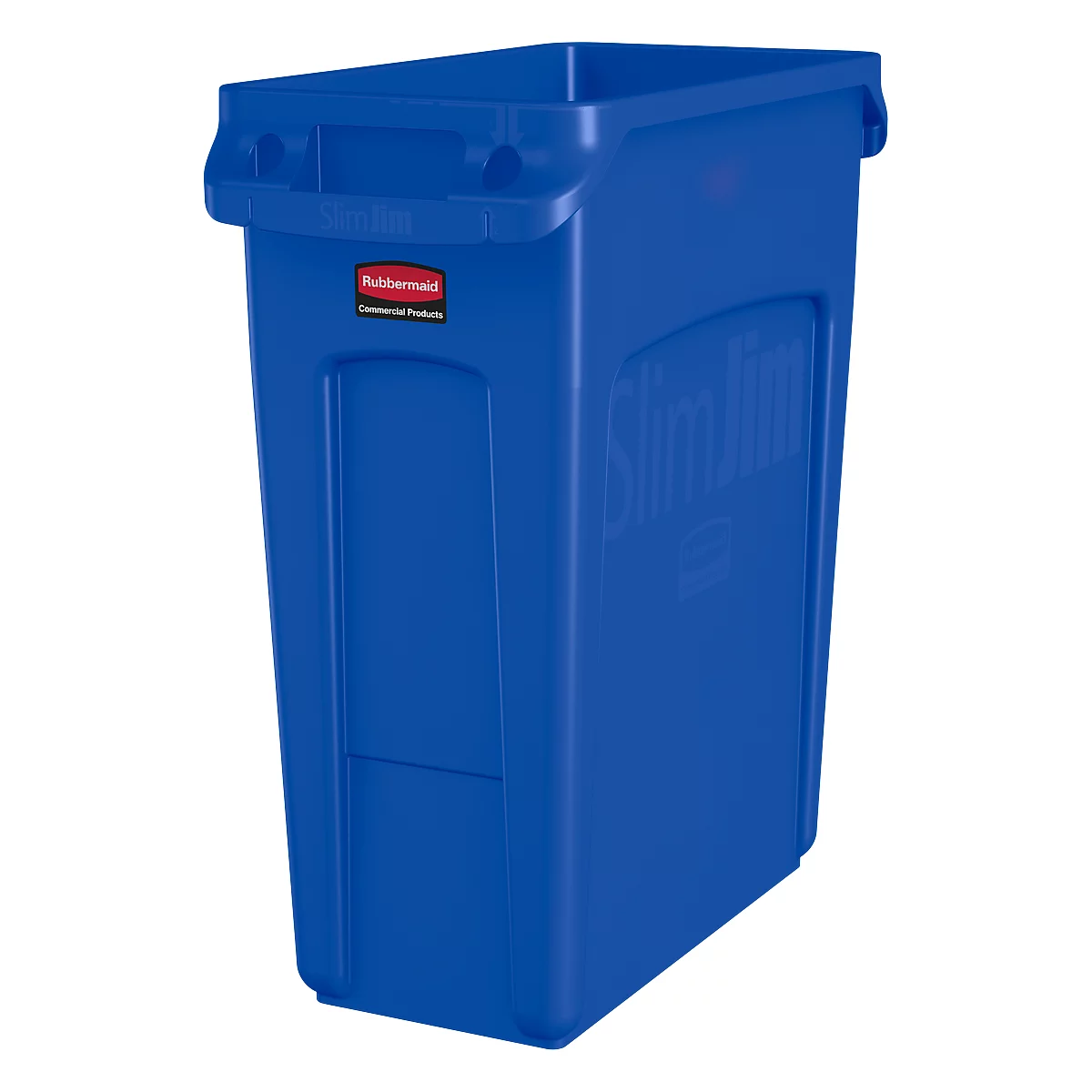 Blue, oblong waste container. Product name 'Slim Jim'.