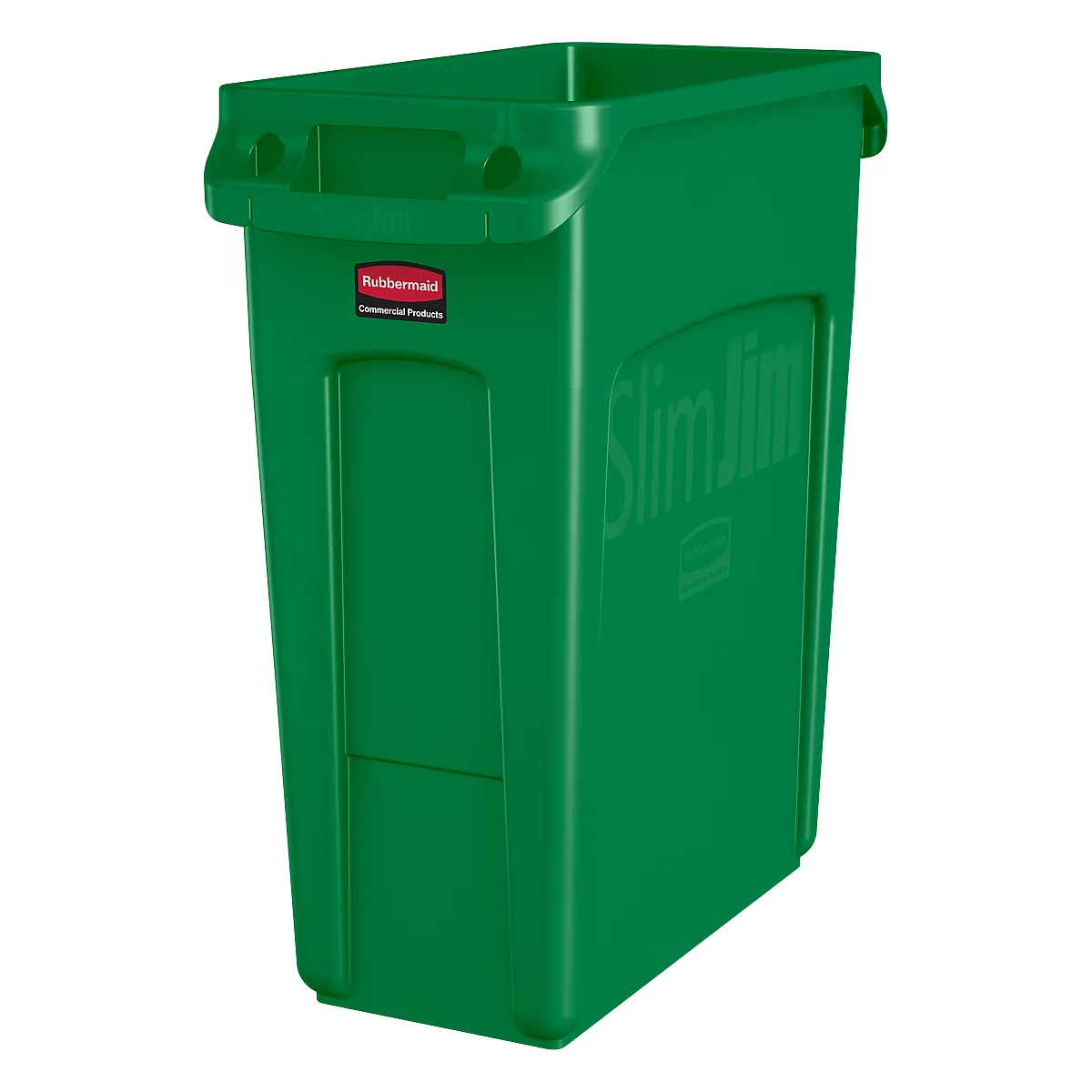 A green Slim Jim trash can. The product is rectangular, with a handle on top and the words "Slim Jim" on the side.